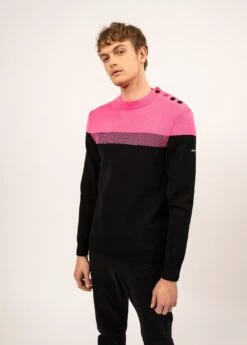 SAINT JAMES Pull Marin Bretagne - Coupe Ajustée, En Laine Vierge (NOIR/ROSE FLUO)
