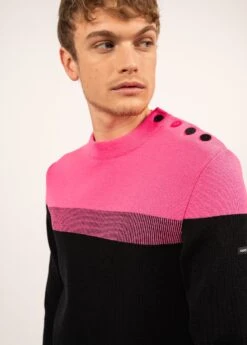 SAINT JAMES Pull Marin Bretagne - Coupe Ajustée, En Laine Vierge (NOIR/ROSE FLUO) -Chic Marin Soldes 0149 NOIR ROSE FLUO 04