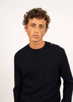 SAINT JAMES Pull Marin Uni Dinan - à Coudières Jacquard, En Laine Vierge (MARINE) -Chic Marin Soldes 0248 01 E shop BD 8