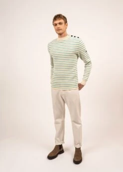 SAINT JAMES Pull Marin Rayé Matelot - Coupe Ajustée, En Pure Laine Vierge (ECRU/JADE)