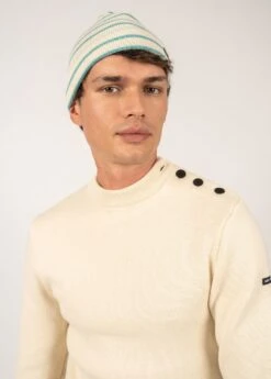 SAINT JAMES Bonnet De Quart Rayé - En Pure Laine Vierge (ECRU/JADE)