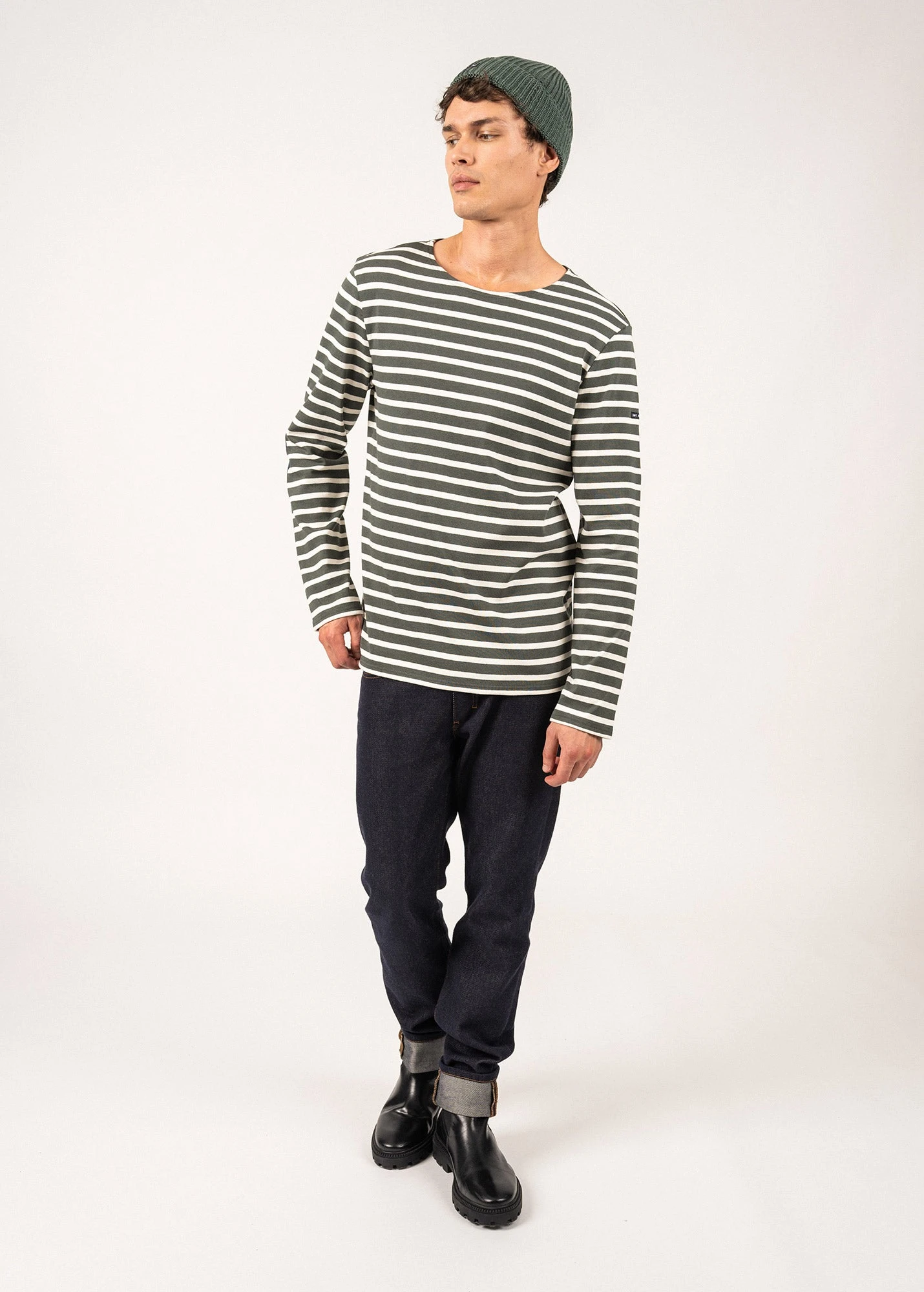 SAINT JAMES Marinière Iconique à Coudières Unies - En Jersey De Coton Lourd (VEGETAL/ECUME/MARINE) 5 SAINT JAMES Marinière Iconique à Coudières Unies - En Jersey De Coton Lourd (VEGETAL/ECUME/MARINE) - Image 3