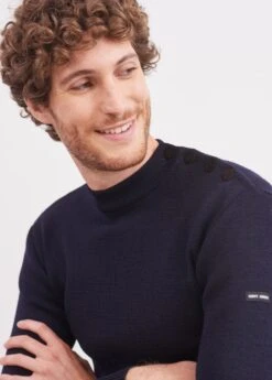 SAINT JAMES Pull Marin Uni Officier - Corps Long, En Pure Laine Vierge (MARINE)