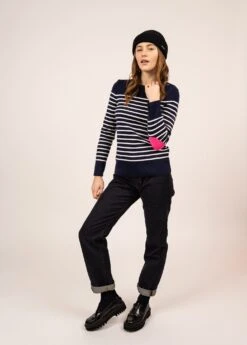 SAINT JAMES Pull Marin Rayé Brégançon - à Coudières Contrastées (INSIGNE/BLANC/ROSE FLUO)