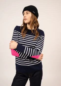 SAINT JAMES Pull Marin Rayé Brégançon - à Coudières Contrastées (INSIGNE/BLANC/ROSE FLUO) -Chic Marin Soldes 0735 INS BLAN ROSE FLUO 03