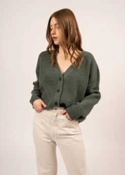 SAINT JAMES Gilet En Maille Perlée Murano - Col V Boutonné (VEGETAL)