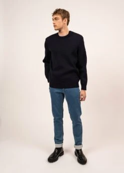 SAINT JAMES Pull Marin Uni Cancale - Avec Coudières Contrastées (MARINE/ROSE FLUO)