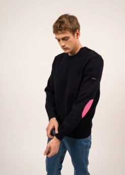 SAINT JAMES Pull Marin Uni Cancale - Avec Coudières Contrastées (MARINE/ROSE FLUO) -Chic Marin Soldes 0774 MARINE ROSE FLUO 03