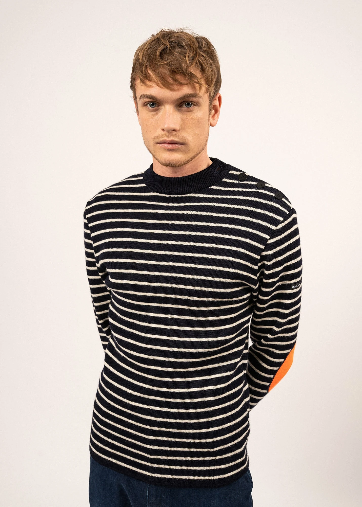 SAINT JAMES Pull Marin Rayé Matelot - à Coudières Contrastées (MARINE/ECRU/ORANGE FLUO) 3 SAINT JAMES Pull Marin Rayé Matelot - à Coudières Contrastées (MARINE/ECRU/ORANGE FLUO)