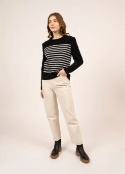 SAINT JAMES Pull Rayé Millas - à Emmanchure Froncée, En Laine (NOIR/BLANC)