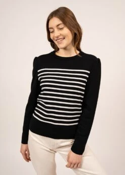 SAINT JAMES Pull Rayé Millas - à Emmanchure Froncée, En Laine (NOIR/BLANC) -Chic Marin Soldes 1877 NOIR BLANC 03