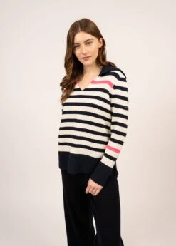 SAINT JAMES Pull Esprit Vareuse Montreal - Rayé, En Laine (NAVY/BLANC D'HIVER/ROSE FLUO) -Chic Marin Soldes 1880 NA BL HIV RO FLU 03