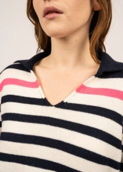 SAINT JAMES Pull Esprit Vareuse Montreal - Rayé, En Laine (NAVY/BLANC D'HIVER/ROSE FLUO) -Chic Marin Soldes 1880 NA BL HIV RO FLU 05