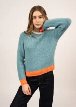 SAINT JAMES Pull Colorblock Hasparren - Esprit Sweat, En Laine (JADE/ORANGE FLUO/BLANC D'HIVER)
