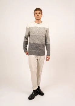 SAINT JAMES Pull Esprit Marin Belcaire - En Maille Structurée, Boutonnage épaule (GRIS/ECUME/ORANGE FLUO) -Chic Marin Soldes 1913 GRIS ECUM ORANG 03