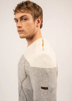 SAINT JAMES Pull Esprit Marin Belcaire - En Maille Structurée, Boutonnage épaule (GRIS/ECUME/ORANGE FLUO) -Chic Marin Soldes 1913 GRIS ECUM ORANG 04