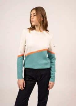 SAINT JAMES Pull Multicolore Espelette - En Laine (JADE/ORANGE FLUO/BLANC) -Chic Marin Soldes 1931 JAD OR FLU BLANC 03