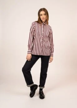 SAINT JAMES Chemise Rayée Fabiola - En Popeline De Coton (BLANC D'HIVER/AMIRAL/ROUGE) -Chic Marin Soldes 2048 BLA HI AMIR ROUG 03