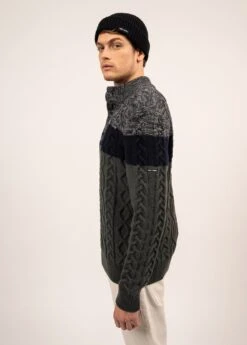 SAINT JAMES Pull Tricolore Sherbrooke - Torsadé, En Laine (VEGETAL CHINE/NAVY) -Chic Marin Soldes 2096 VEGETAL CH NAVY 04