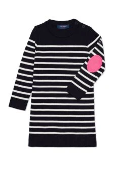 SAINT JAMES Robe Pull Rayée Esprit Marin Brégançon - à Coudières Contrastées (NAVY/ECUME/ROSE FLUO)
