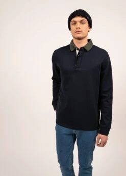SAINT JAMES Polo à Manches Longues Lewis - En Coton, Col Contrasté (AMIRAL/VEGETAL)