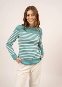 SAINT JAMES Pull Marin Rayé Bregançon - Coudières Unies, En Maille De Laine (JADE/BLANC)