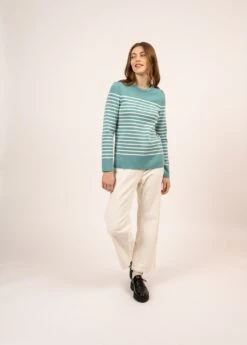 SAINT JAMES Pull Marin Rayé Bregançon - Coudières Unies, En Maille De Laine (JADE/BLANC) -Chic Marin Soldes 3250 JADE BLANC 03