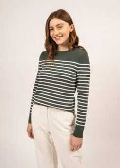 SAINT JAMES Pull Marin Rayé Bregançon - Coudières Unies, En Maille De Laine (VEGETAL/BLANC)