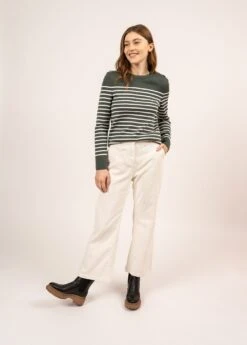 SAINT JAMES Pull Marin Rayé Bregançon - Coudières Unies, En Maille De Laine (VEGETAL/BLANC) -Chic Marin Soldes 3250 VEGETAL BLANC 03
