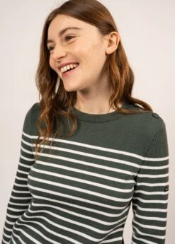 SAINT JAMES Pull Marin Rayé Bregançon - Coudières Unies, En Maille De Laine (VEGETAL/BLANC) -Chic Marin Soldes 3250 VEGETAL BLANC 04