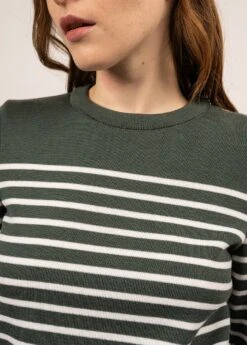 SAINT JAMES Pull Marin Rayé Bregançon - Coudières Unies, En Maille De Laine (VEGETAL/BLANC) -Chic Marin Soldes 3250 VEGETAL BLANC 05