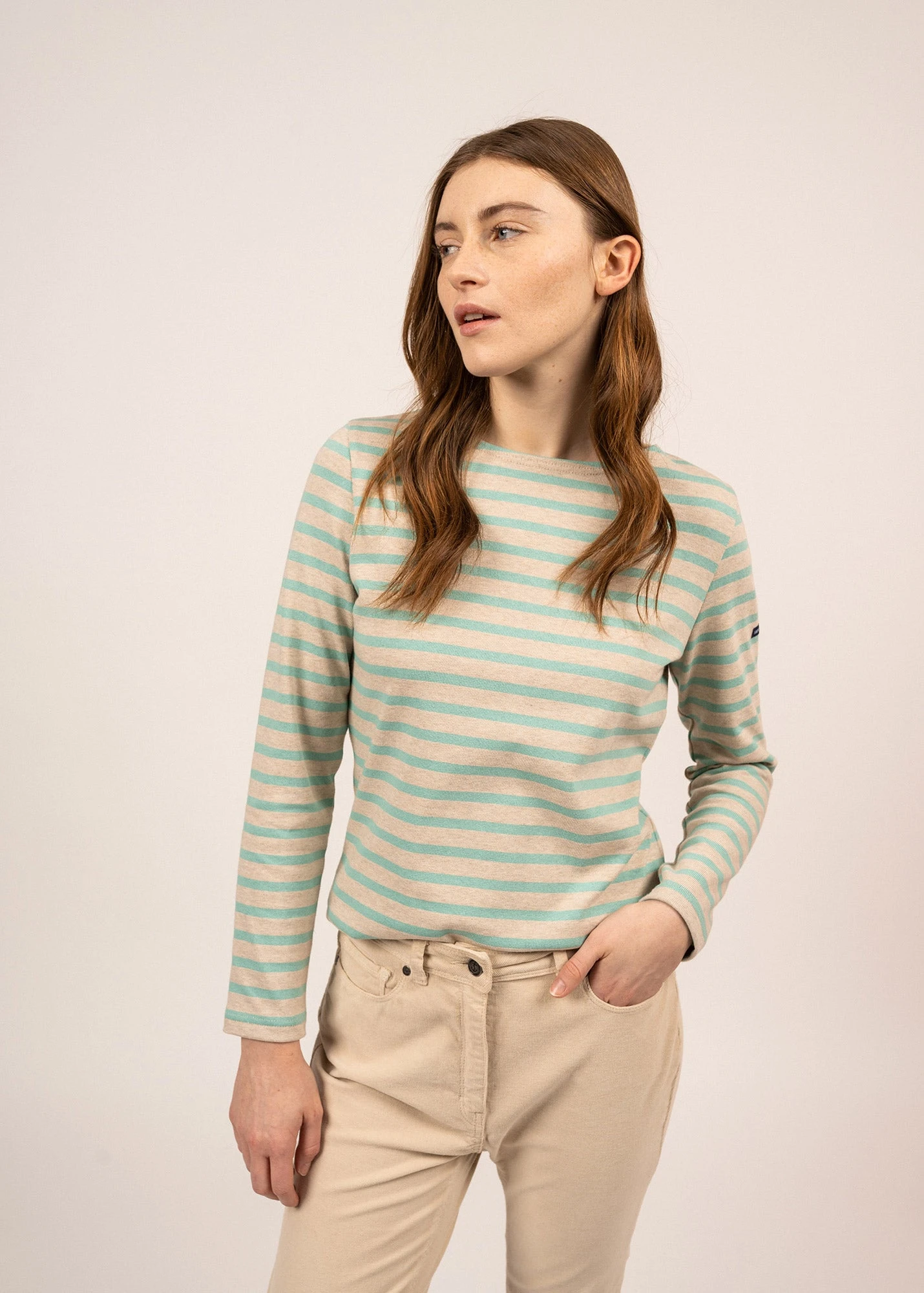 SAINT JAMES Marinière Meridame - Coupe Droite, En Coton épais (NATUREL/JADE) 5 SAINT JAMES Marinière Meridame - Coupe Droite, En Coton épais (NATUREL/JADE) - Image 3