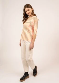SAINT JAMES Marinière Anti-UV Garde Côte - Manches 3/4 En Jersey Recyclé (ECUME/ORANGE FLUO) -Chic Marin Soldes 5498 ECUME ORA FLUO 03