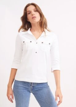 SAINT JAMES Polo Manches 3/4 Oléron - En Coton, Avec Poches (BLANC)