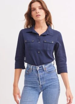 SAINT JAMES Polo Manches 3/4 Oléron - En Coton, Avec Poches (MARINE) -Chic Marin Soldes 5689 MARINE E shop BD 3