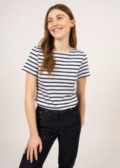 SAINT JAMES Marinière Manches Courtes Etrille - Coupe Droite, En Coton Léger (NEIGE/MARINE)