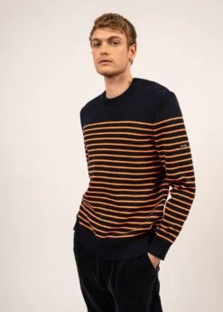 SAINT JAMES Pull Marin Rayé Binic - Coupe Confort, En Pure Laine Vierge (MARINE/ORANGE FLUO)