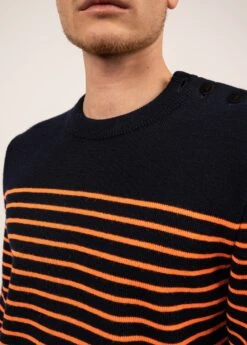 SAINT JAMES Pull Marin Rayé Binic - Coupe Confort, En Pure Laine Vierge (MARINE/ORANGE FLUO) -Chic Marin Soldes 8645 MARIN ORANG FLUO 05