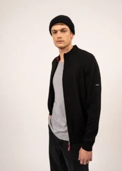 SAINT JAMES Cardigan Creggan - Zippé, En Laine Mérinos (NOIR/ROSE FLUO)