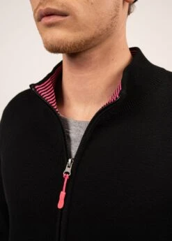 SAINT JAMES Cardigan Creggan - Zippé, En Laine Mérinos (NOIR/ROSE FLUO) -Chic Marin Soldes 8673 NOIR ROSE FLUO 05