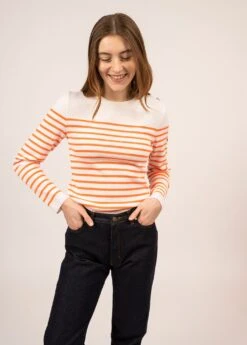 SAINT JAMES Pull Marin Rayé Marée - Coupe Ajustée, En Maille De Laine (BLANC/ORANGE FLUO)